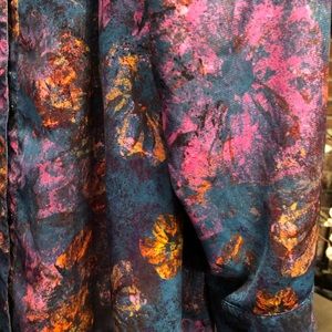 Catherine’s 5x patterned button down shirt. Gold, blue, purple, green, black.